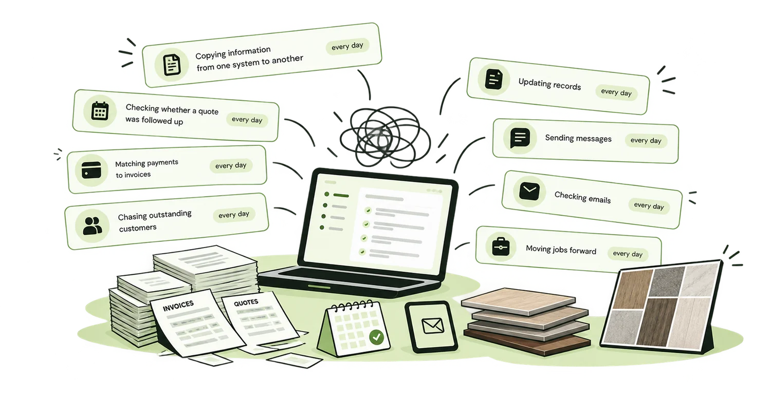 A flooring business buried in daily manual tasks: invoices, quotes, emails and messages