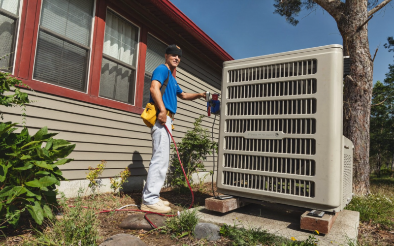 HVAC technician servicing an outdoor air conditioner in peak season, the jobs at stake from HVAC missed calls