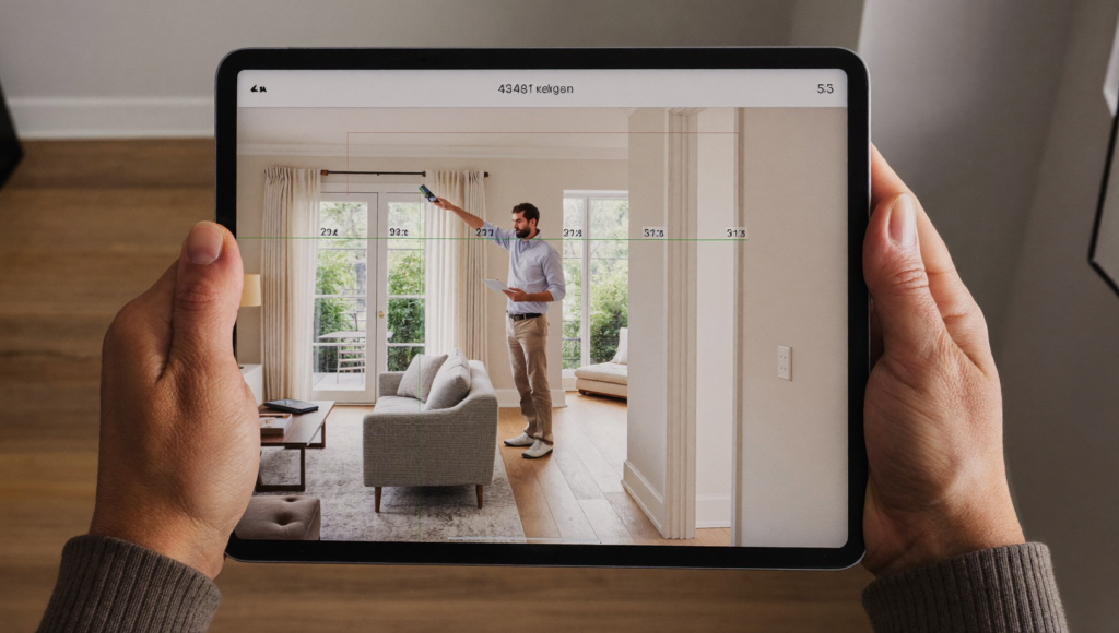 Flooring salesperson measuring a living room with a laser measure, the first step in how to quote flooring jobs faster