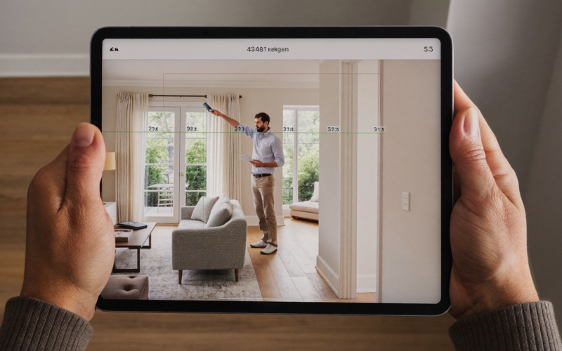 Flooring salesperson measuring a living room with a laser measure, the first step in how to quote flooring jobs faster